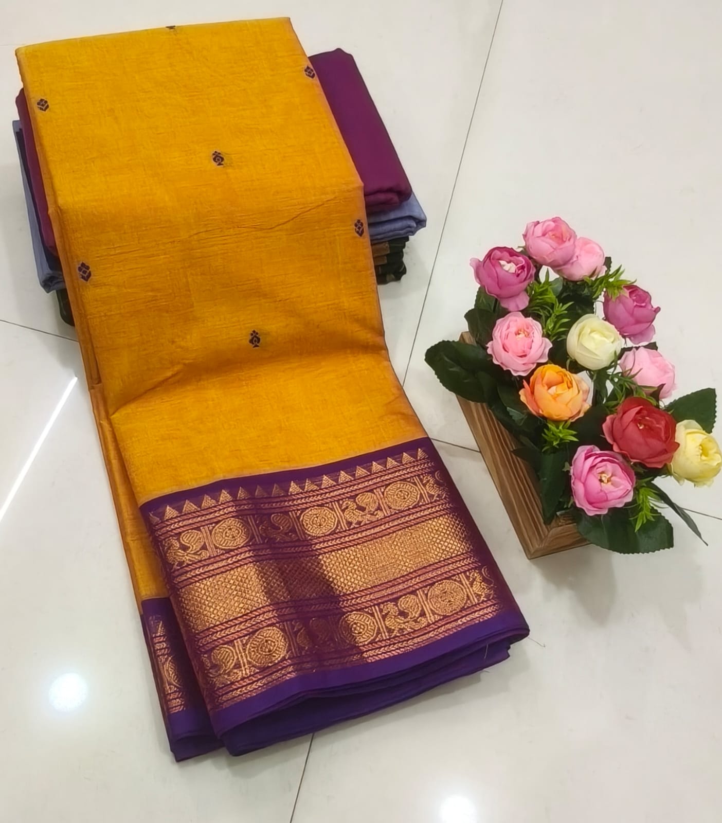Mustard Yellow Kanchi Cotton Saree with Purple Zari Border